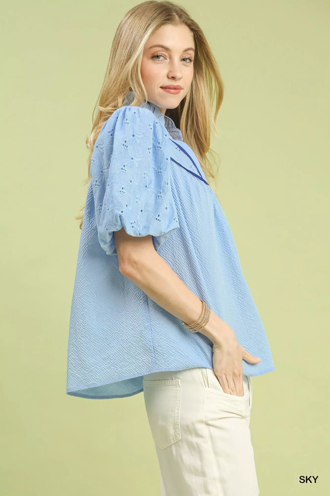 Umgee Puff Sleeve Eyelet Mix Top with Contrast Piping - Bitsy Gypsy Boutique