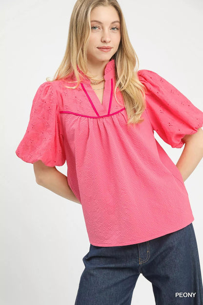 Umgee Puff Sleeve Eyelet Mix Top with Contrast Piping - Bitsy Gypsy Boutique