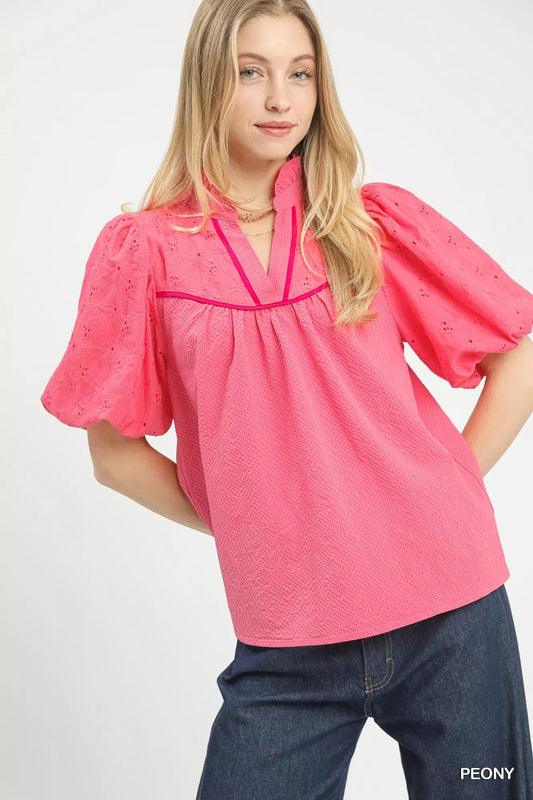 Umgee Puff Sleeve Eyelet Mix Top with Contrast Piping - Bitsy Gypsy Boutique