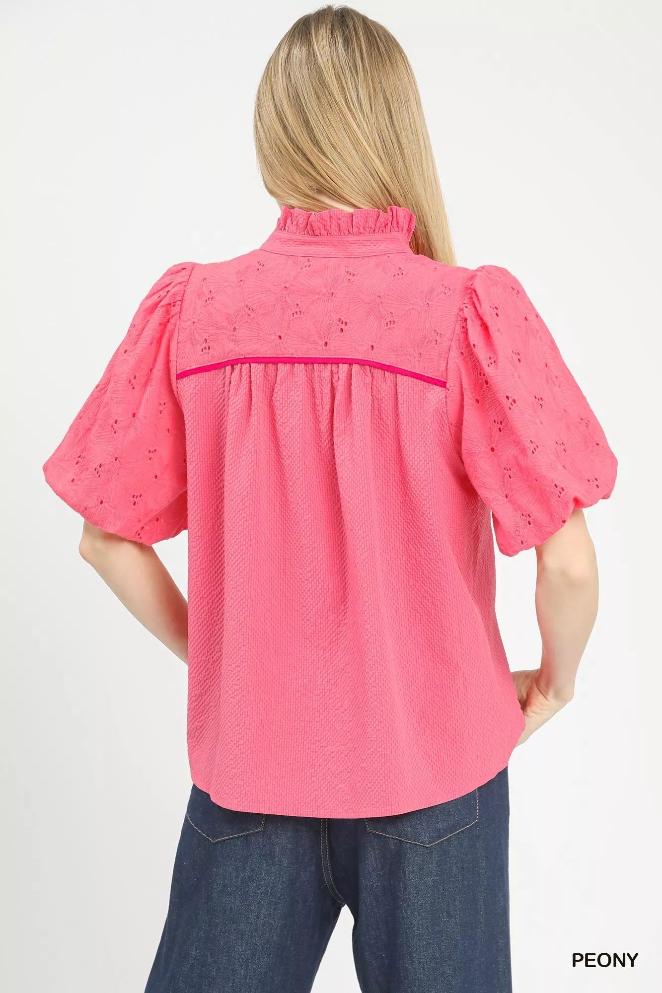 Umgee Puff Sleeve Eyelet Mix Top with Contrast Piping - Bitsy Gypsy Boutique