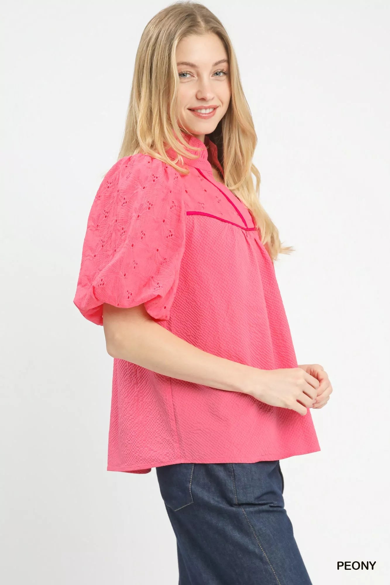 Umgee Puff Sleeve Eyelet Mix Top with Contrast Piping - Bitsy Gypsy Boutique