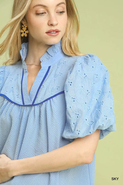 Umgee Puff Sleeve Eyelet Mix Top with Contrast Piping - Bitsy Gypsy Boutique