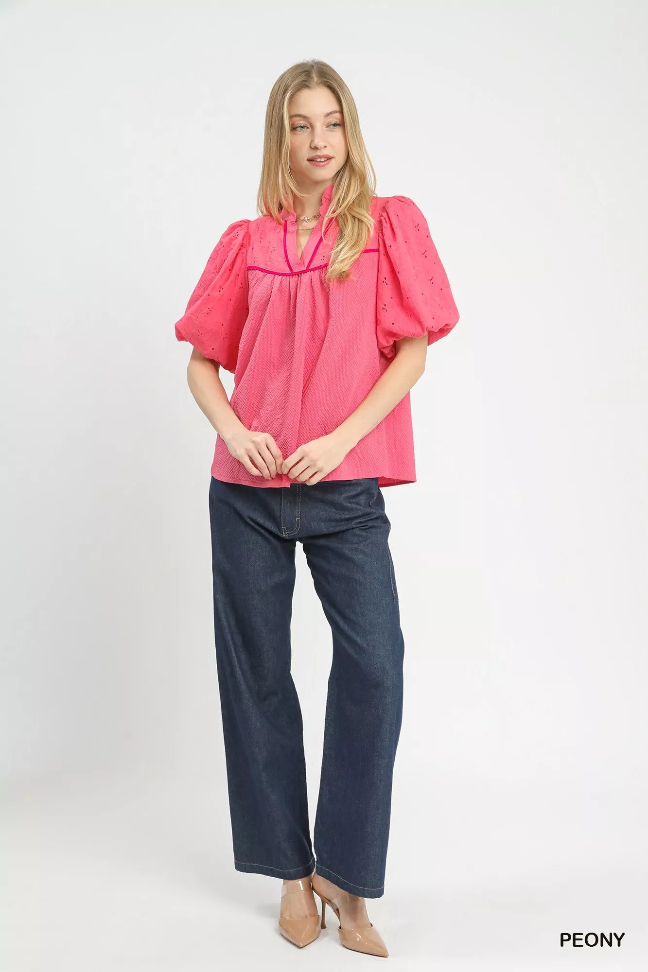 Umgee Puff Sleeve Eyelet Mix Top with Contrast Piping - Bitsy Gypsy Boutique