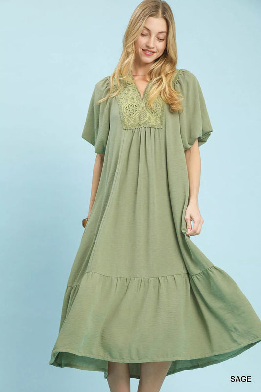 Umgee Puff Sleeve Midi Dress with Lace Detail - Bitsy Gypsy Boutique