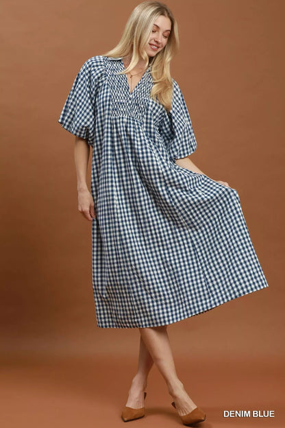 Umgee Puff Sleeve Plaid Midi Dress - Bitsy Gypsy Boutique