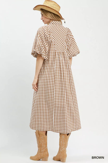 Umgee Puff Sleeve Plaid Midi Dress - Bitsy Gypsy Boutique
