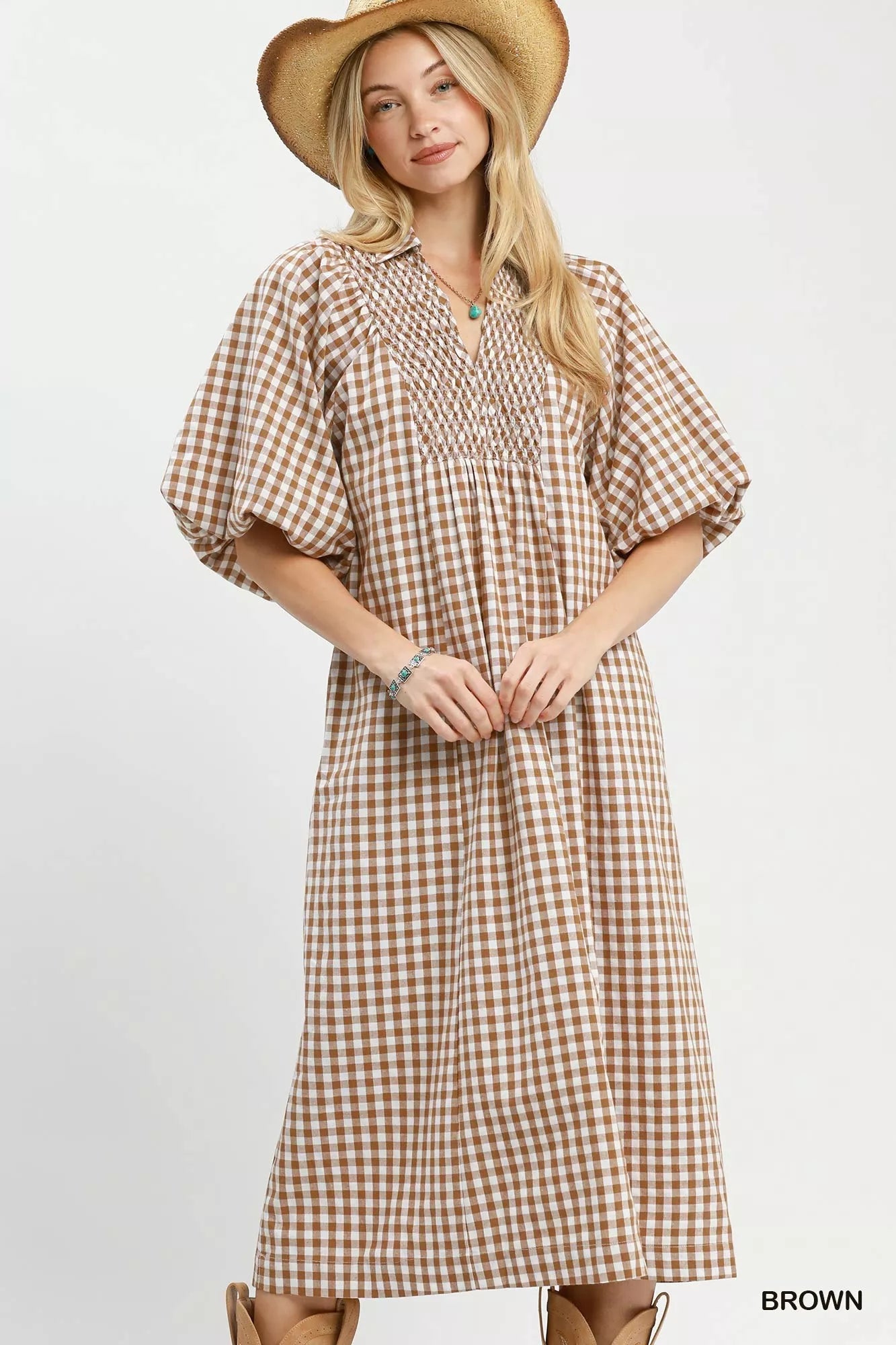 Umgee Puff Sleeve Plaid Midi Dress - Bitsy Gypsy Boutique