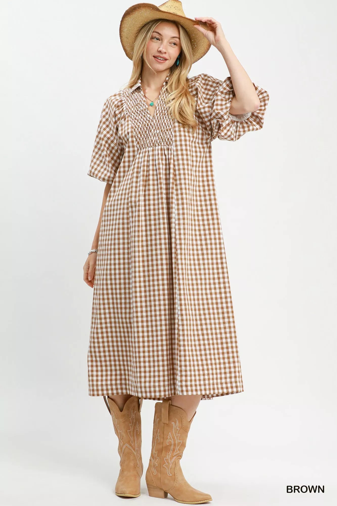 Umgee Puff Sleeve Plaid Midi Dress - Bitsy Gypsy Boutique