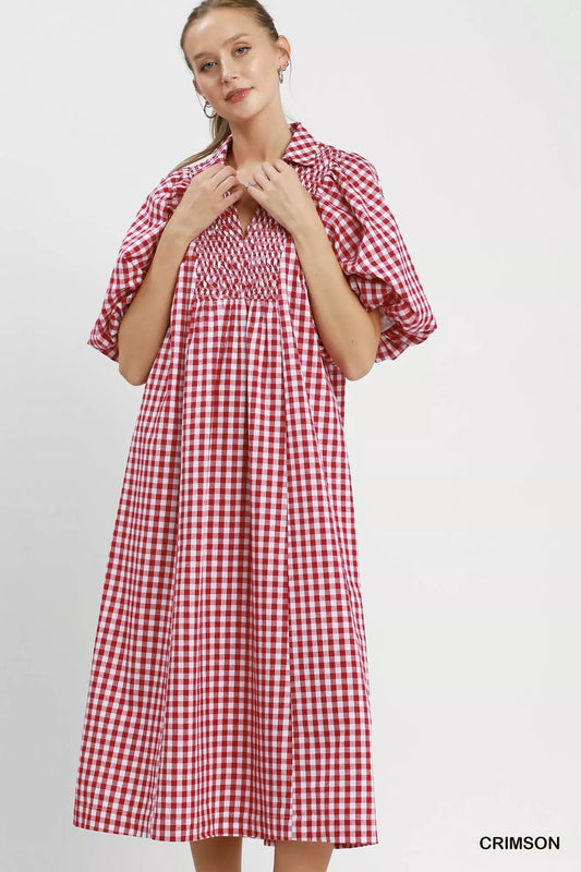 Umgee Puff Sleeve Plaid Midi Dress - Bitsy Gypsy Boutique