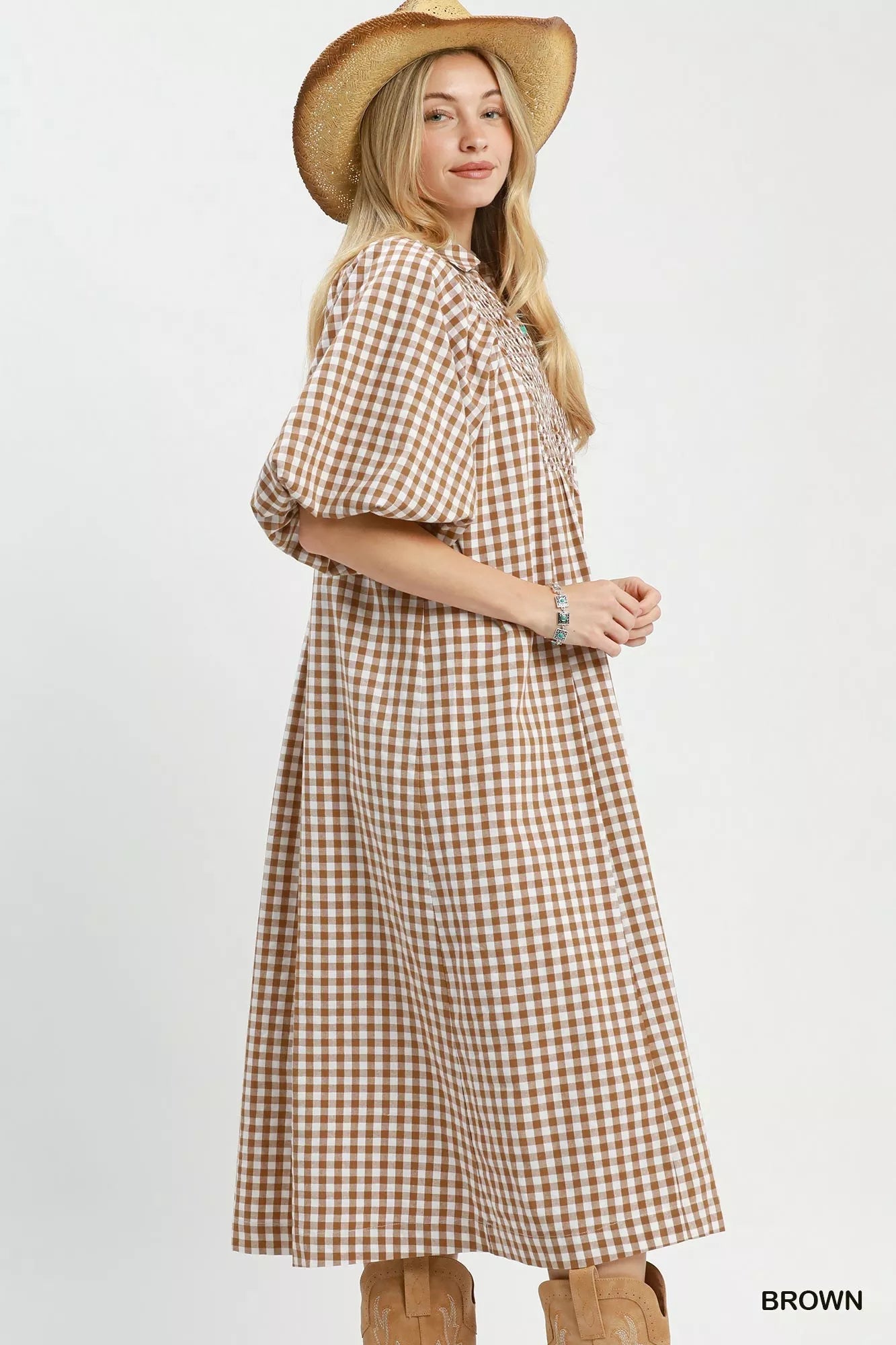 Umgee Puff Sleeve Plaid Midi Dress - Bitsy Gypsy Boutique
