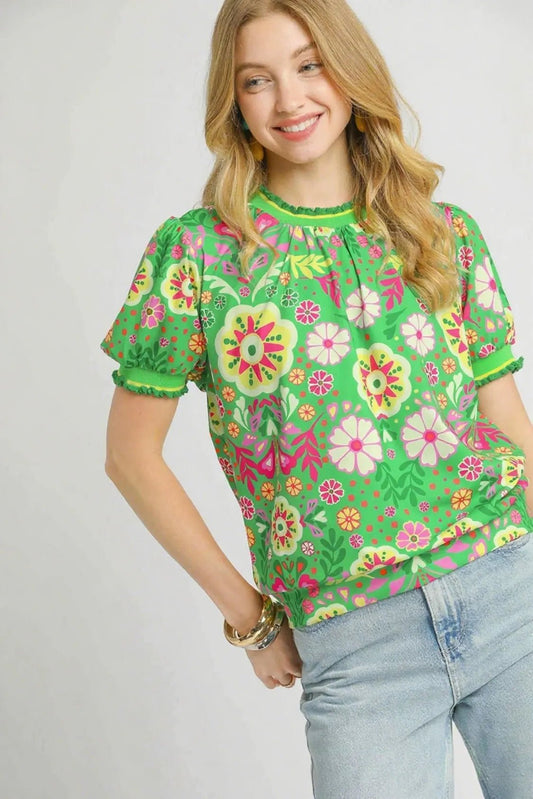 Umgee Retro Floral Puff Sleeve Top - Bitsy Gypsy Boutique