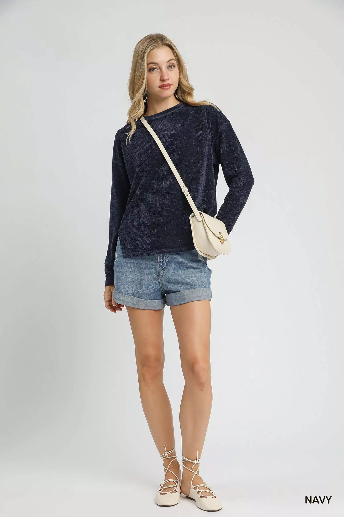 Umgee Round Neck Long Sleeve Side Slit Top - Bitsy Gypsy Boutique