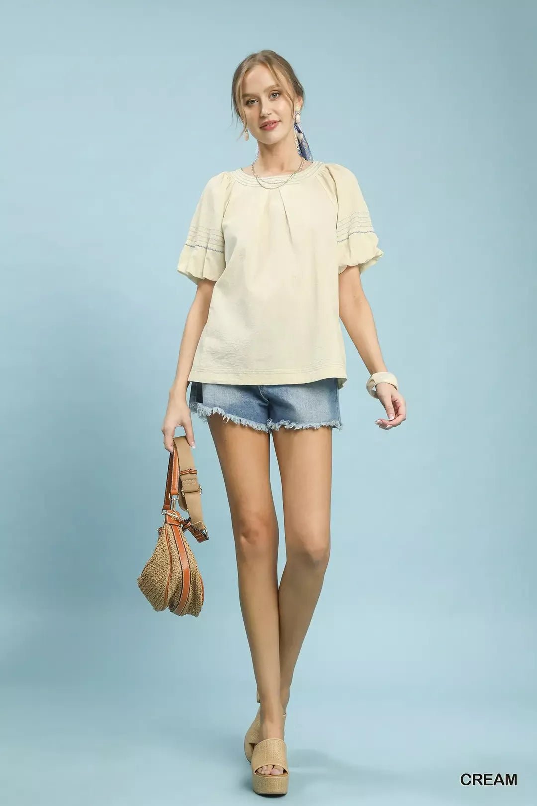Umgee Round Neck Puff Sleeve Top with Contrast Stitch Detail - Bitsy Gypsy Boutique