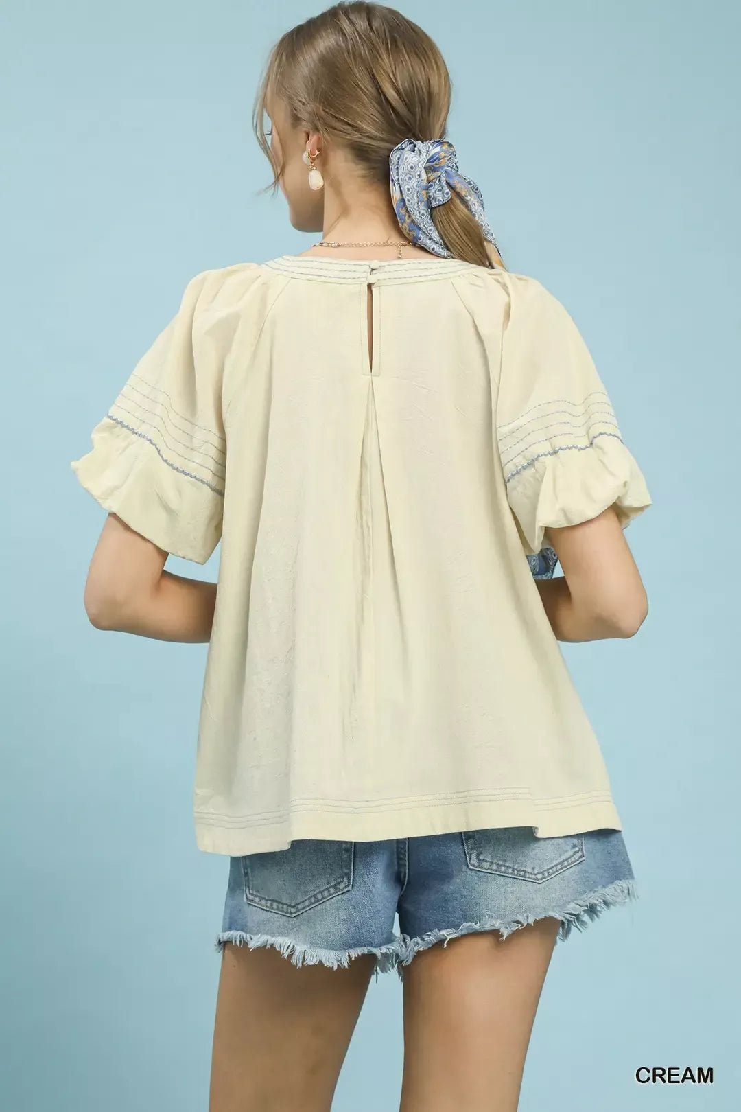 Umgee Round Neck Puff Sleeve Top with Contrast Stitch Detail - Bitsy Gypsy Boutique