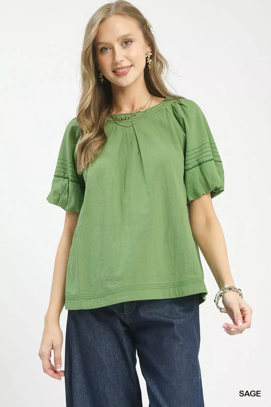 Umgee Round Neck Puff Sleeve Top with Contrast Stitch Detail - Bitsy Gypsy Boutique