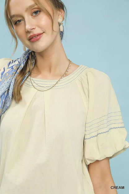 Umgee Round Neck Puff Sleeve Top with Contrast Stitch Detail - Bitsy Gypsy Boutique