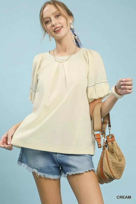 Umgee Round Neck Puff Sleeve Top with Contrast Stitch Detail - Bitsy Gypsy Boutique