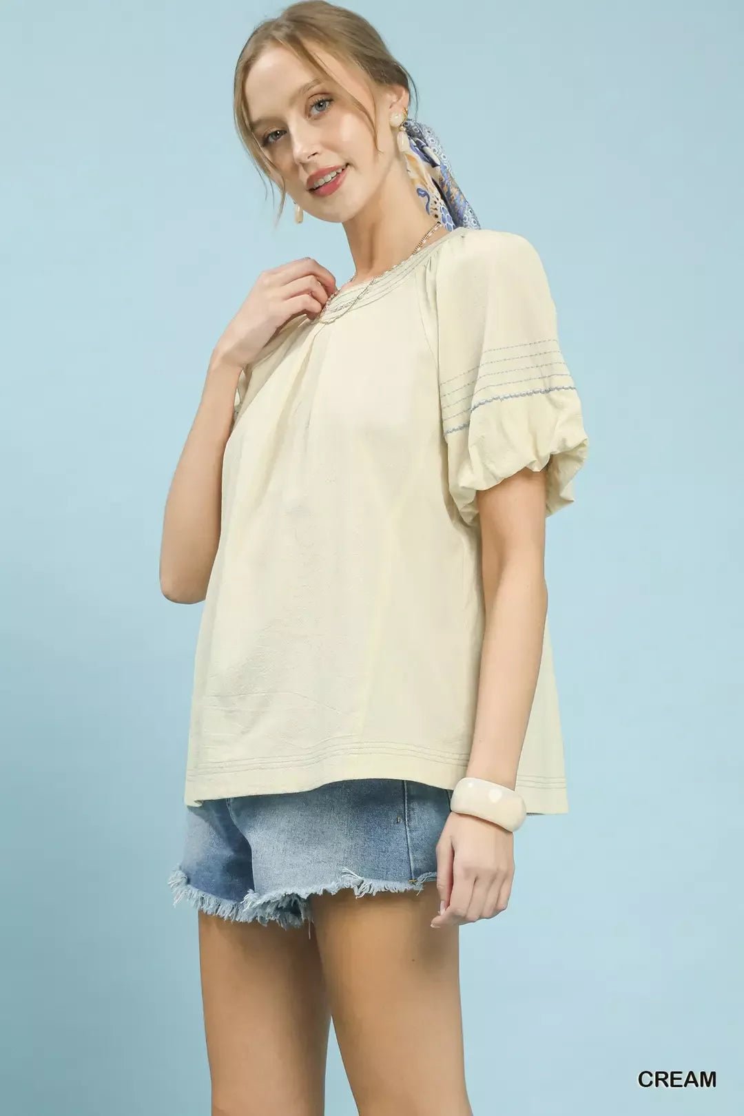 Umgee Round Neck Puff Sleeve Top with Contrast Stitch Detail - Bitsy Gypsy Boutique