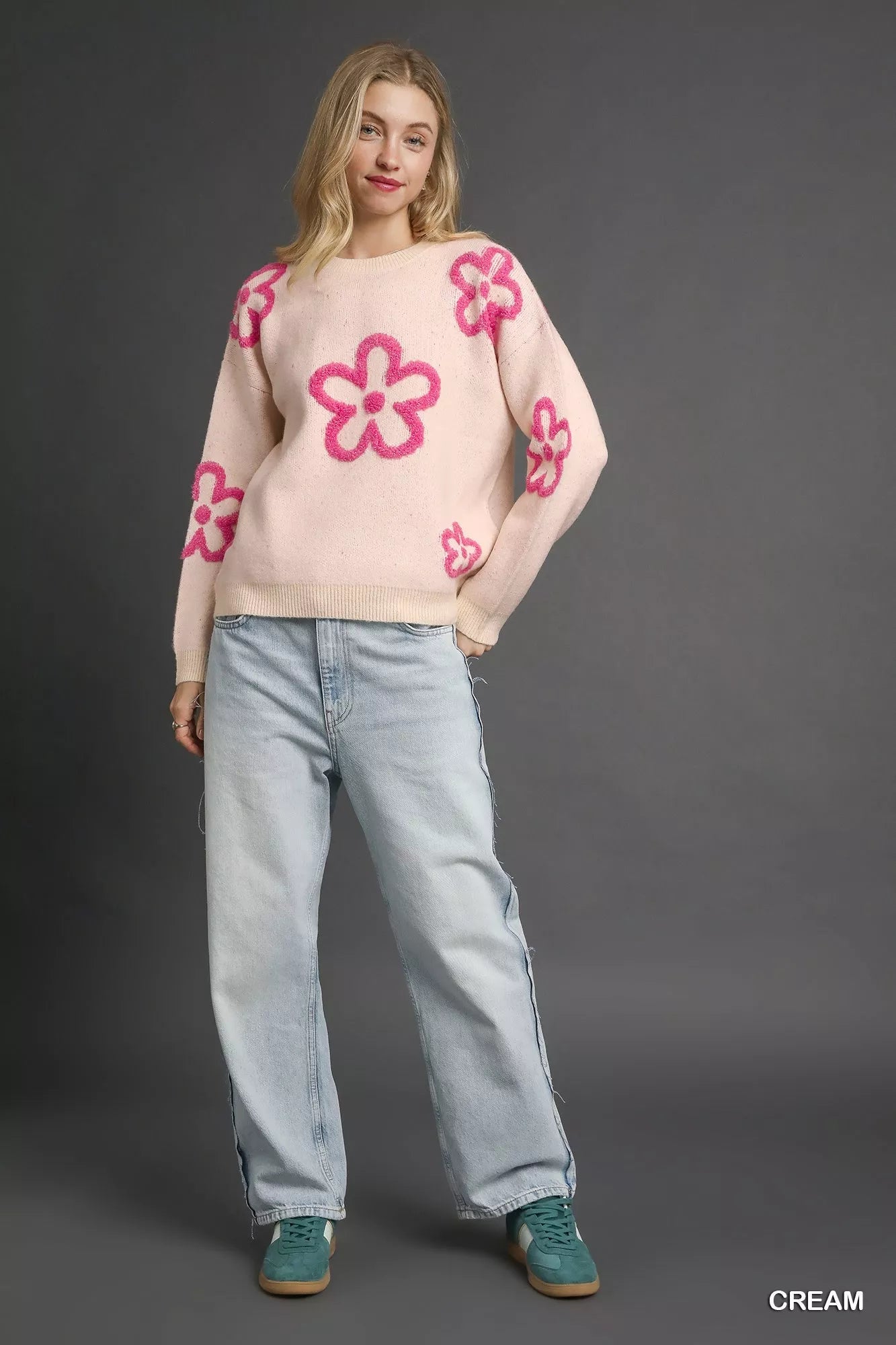 Umgee Round Neck Sweater with Pink Floral Accents - Bitsy Gypsy Boutique