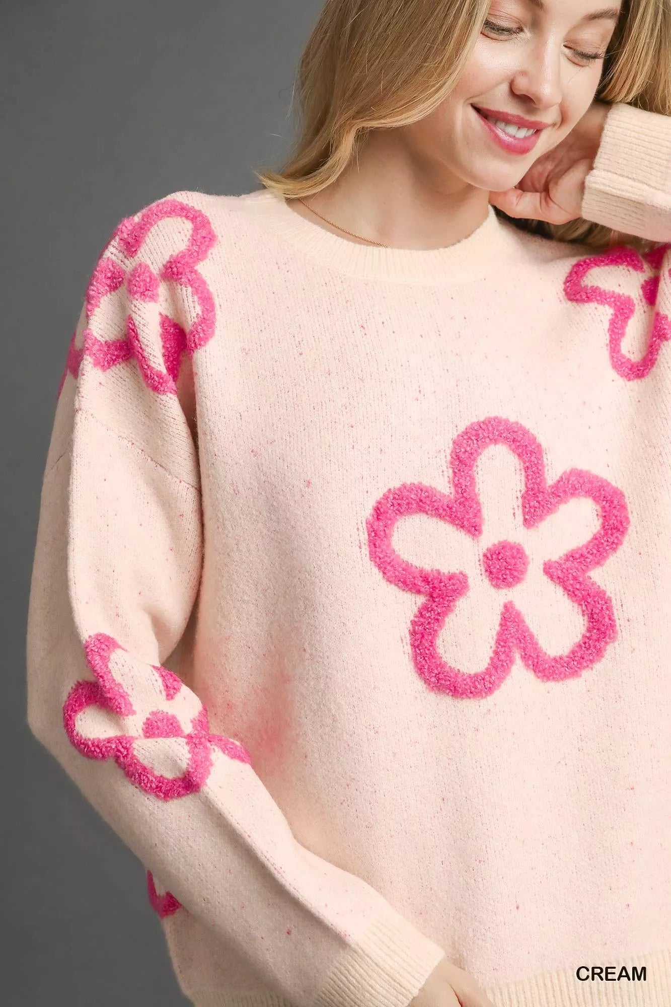 Umgee Round Neck Sweater with Pink Floral Accents - Bitsy Gypsy Boutique