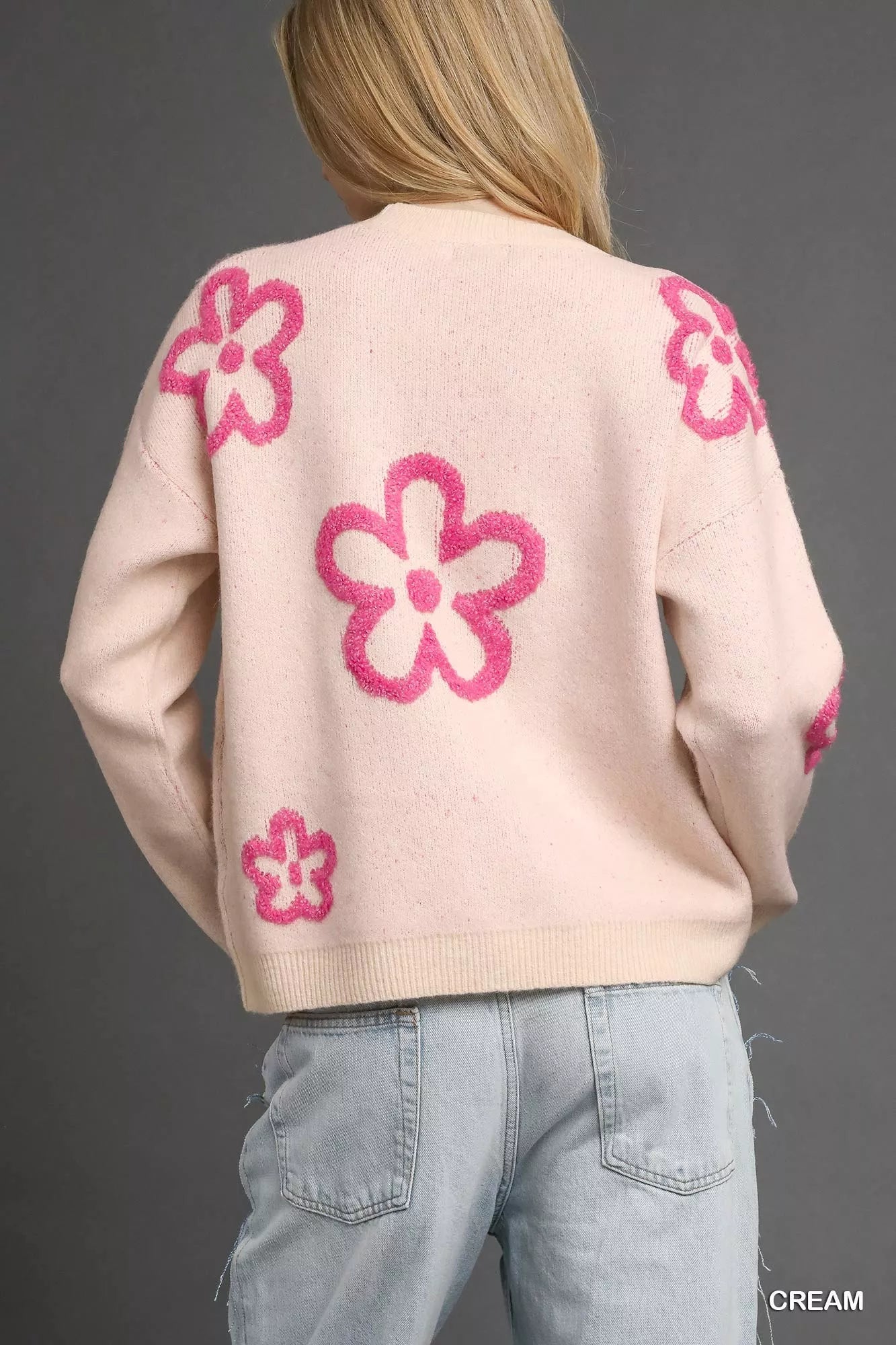 Umgee Round Neck Sweater with Pink Floral Accents - Bitsy Gypsy Boutique