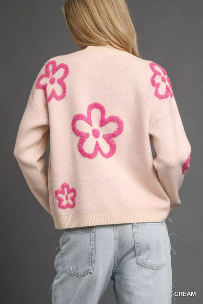 Umgee Round Neck Sweater with Pink Floral Accents - Bitsy Gypsy Boutique