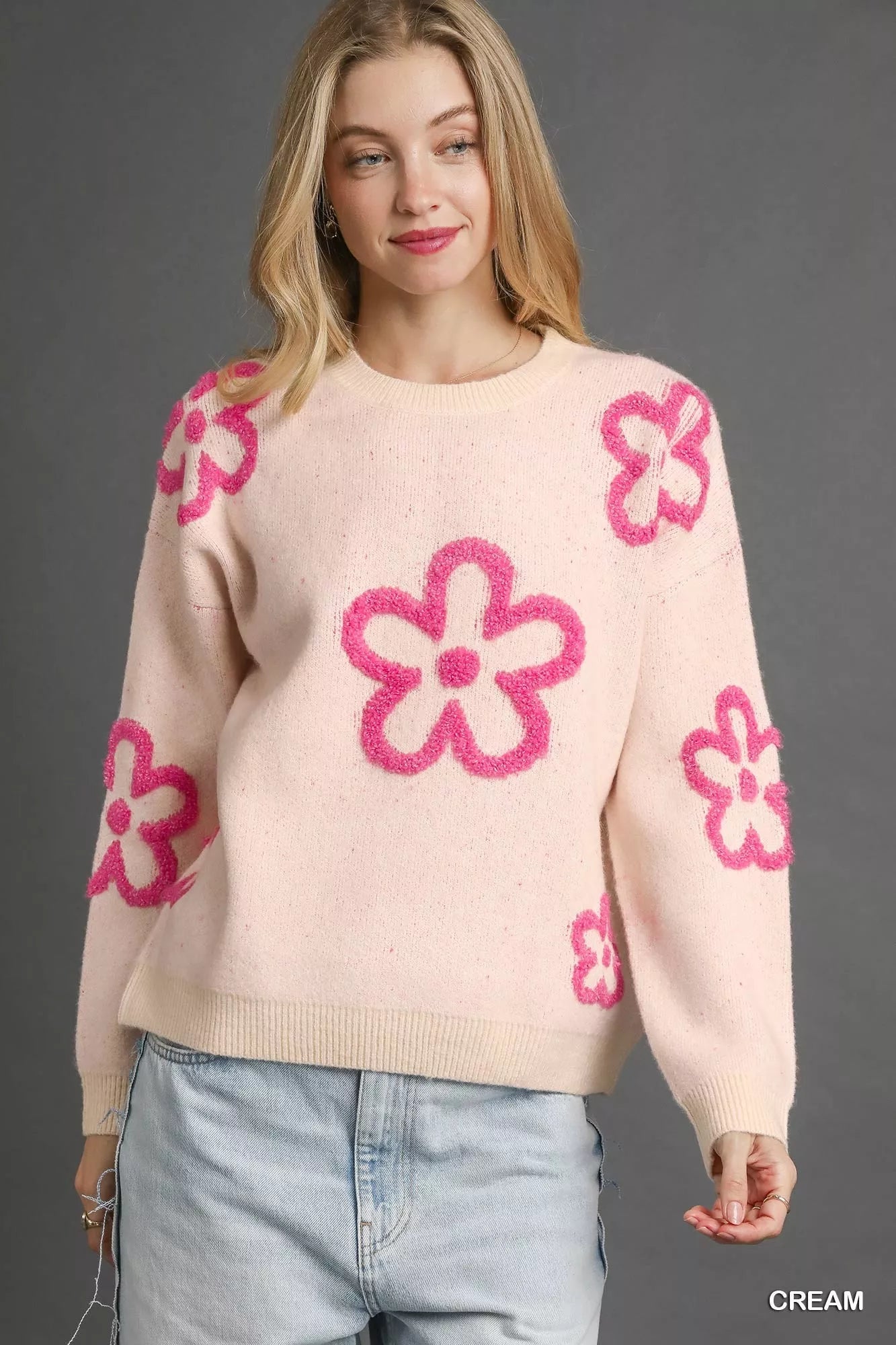 Umgee Round Neck Sweater with Pink Floral Accents - Bitsy Gypsy Boutique