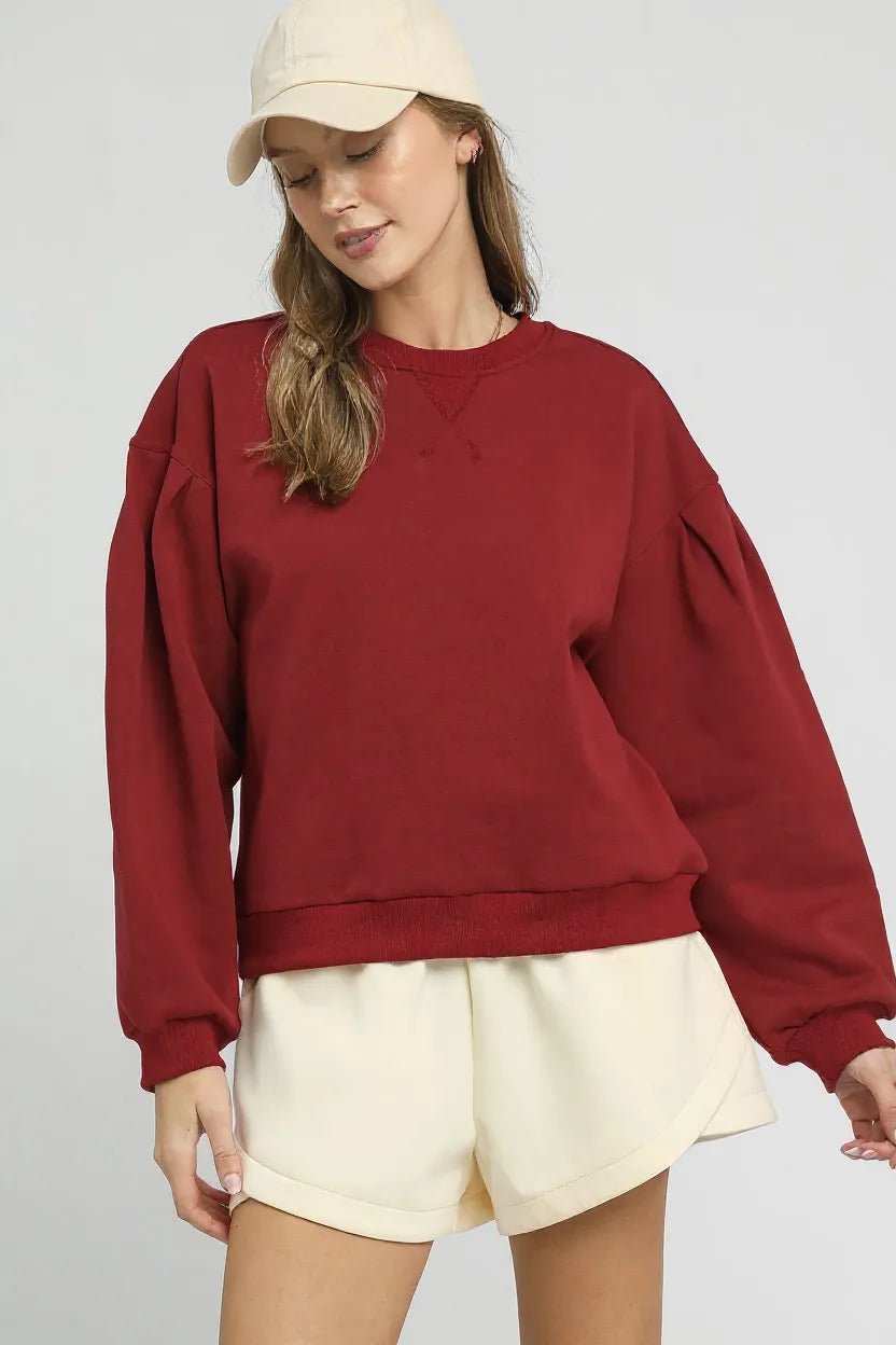 Umgee Round Neck Sweatshirt with Pleated Detail - Bitsy Gypsy Boutique