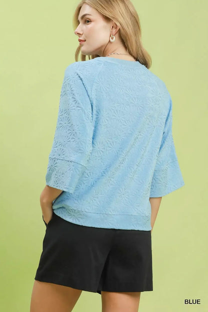 Umgee Round Neck Textured Floral Terry Blouse - Bitsy Gypsy Boutique