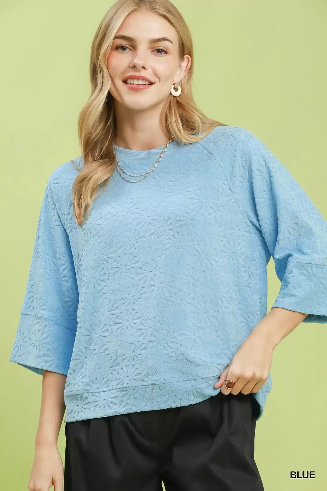 Umgee Round Neck Textured Floral Terry Blouse - Bitsy Gypsy Boutique