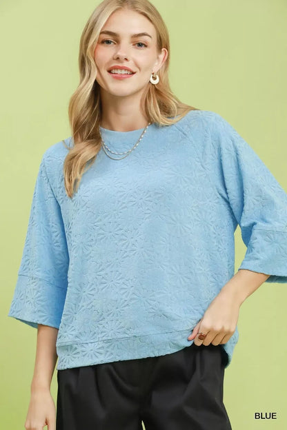Umgee Round Neck Textured Floral Terry Blouse - Bitsy Gypsy Boutique