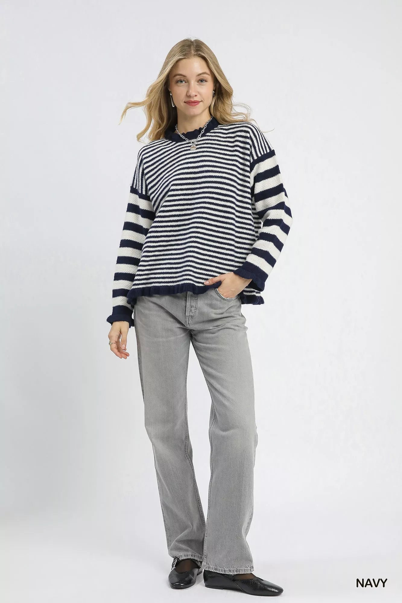 Umgee Ruffle Neck Stripe Sweater - Bitsy Gypsy Boutique