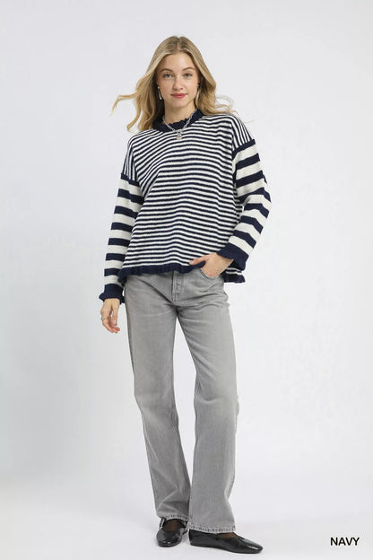 Umgee Ruffle Neck Stripe Sweater - Bitsy Gypsy Boutique