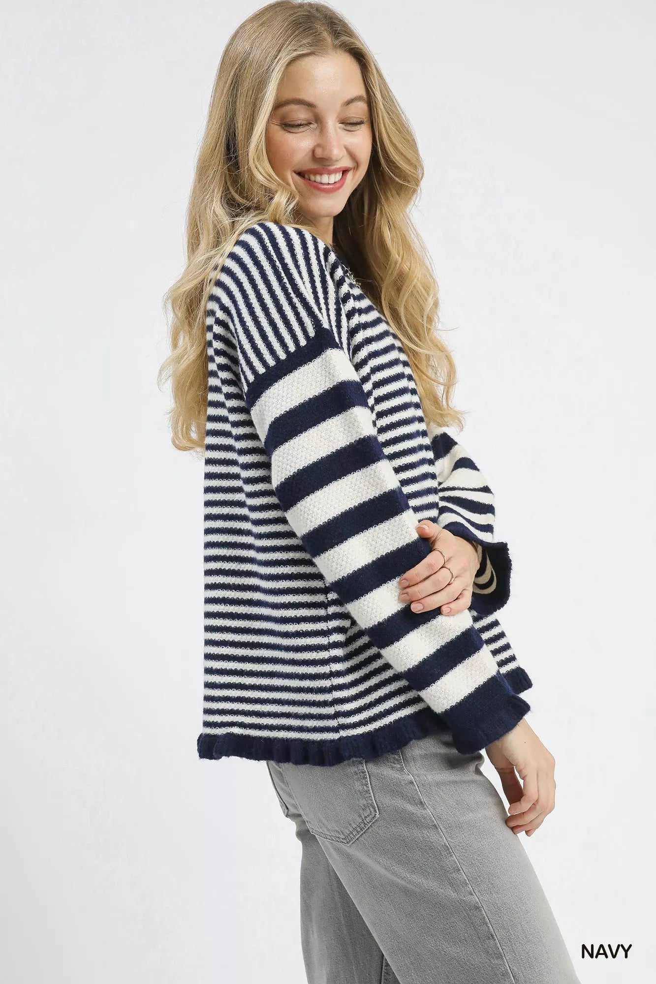Umgee Ruffle Neck Stripe Sweater - Bitsy Gypsy Boutique