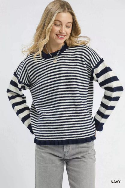 Umgee Ruffle Neck Stripe Sweater - Bitsy Gypsy Boutique