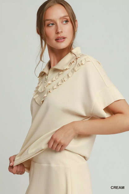 Umgee Ruffle Quarter Zip Short Sleeve Top - Bitsy Gypsy Boutique