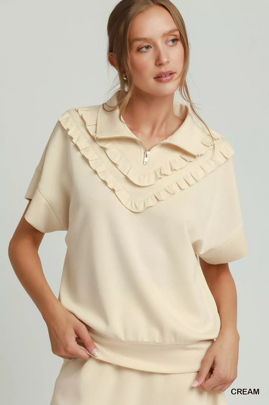 Umgee Ruffle Quarter Zip Short Sleeve Top - Bitsy Gypsy Boutique