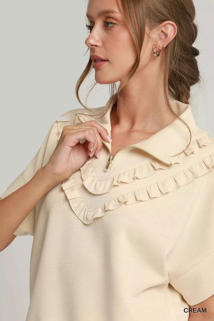 Umgee Ruffle Quarter Zip Short Sleeve Top - Bitsy Gypsy Boutique