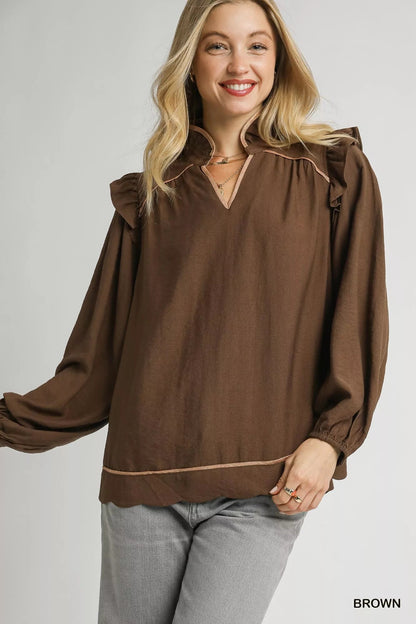 Umgee Ruffle Shoulder Long Sleeve Blouse - Bitsy Gypsy Boutique