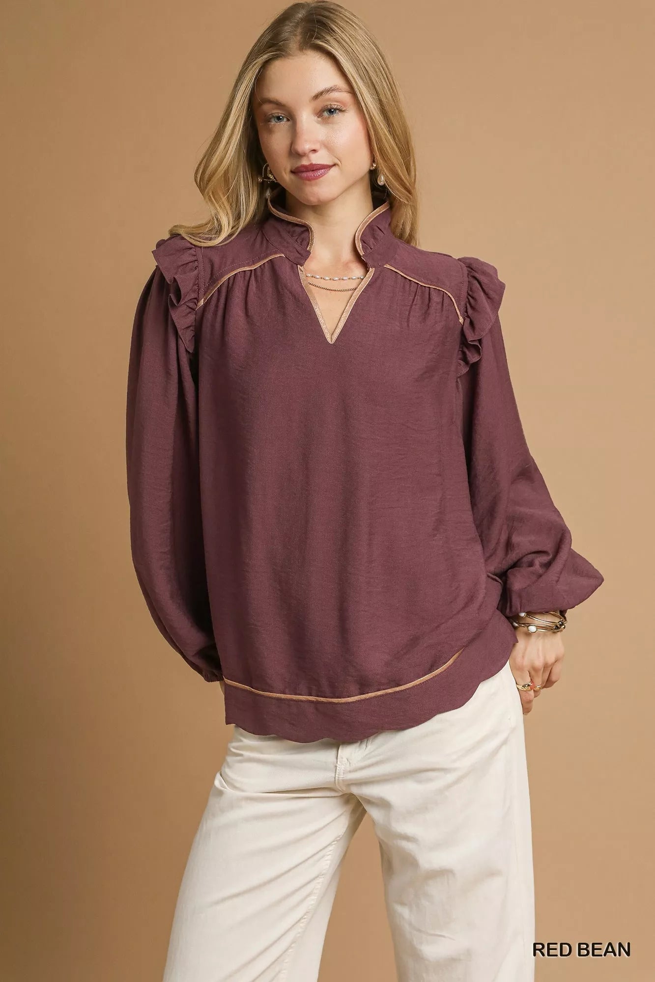 Umgee Ruffle Shoulder Long Sleeve Blouse - Bitsy Gypsy Boutique