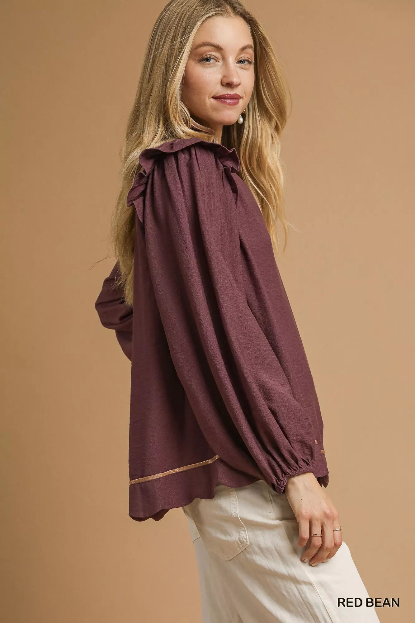 Umgee Ruffle Shoulder Long Sleeve Blouse - Bitsy Gypsy Boutique