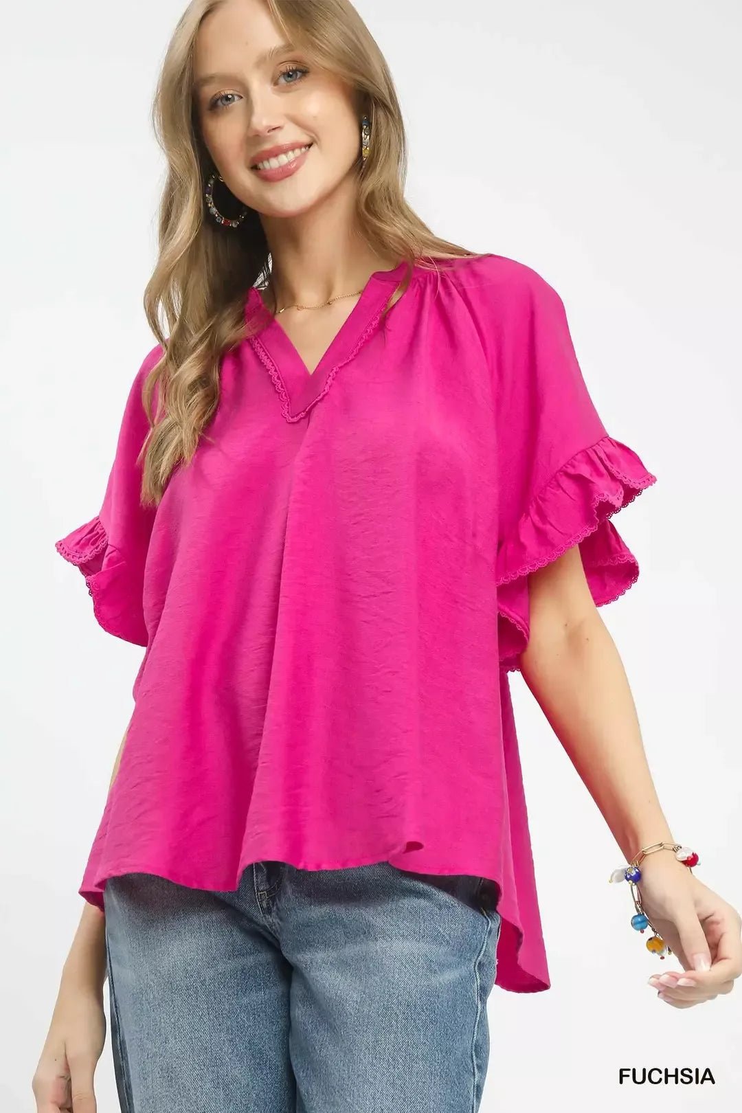 Umgee Ruffle Sleeve V - Neck Flutter Blouse - Bitsy Gypsy Boutique