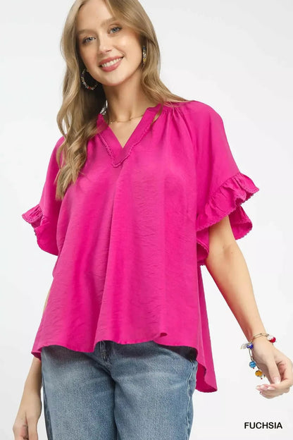 Umgee Ruffle Sleeve V - Neck Flutter Blouse - Bitsy Gypsy Boutique