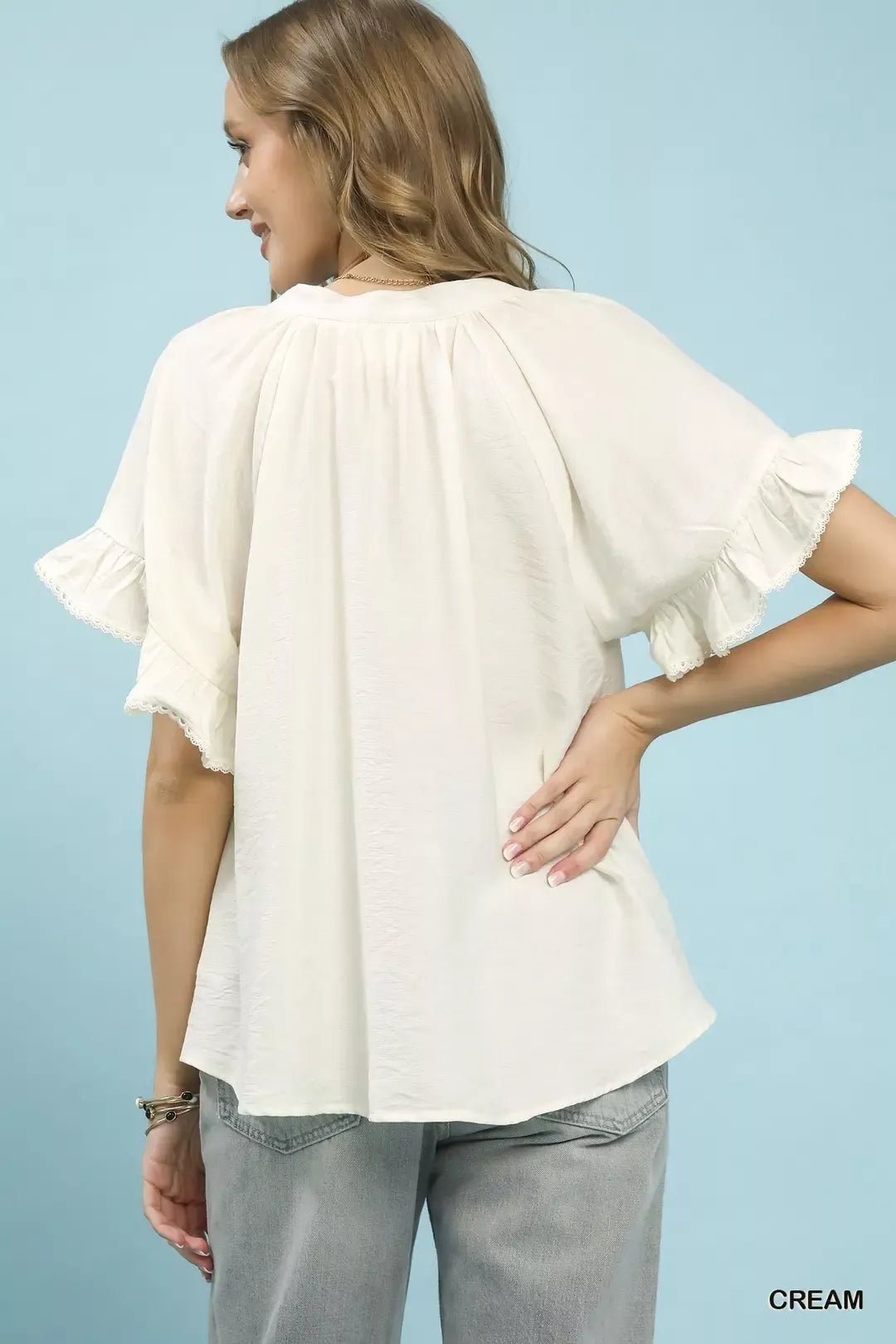 Umgee Ruffle Sleeve V - Neck Flutter Blouse - Bitsy Gypsy Boutique