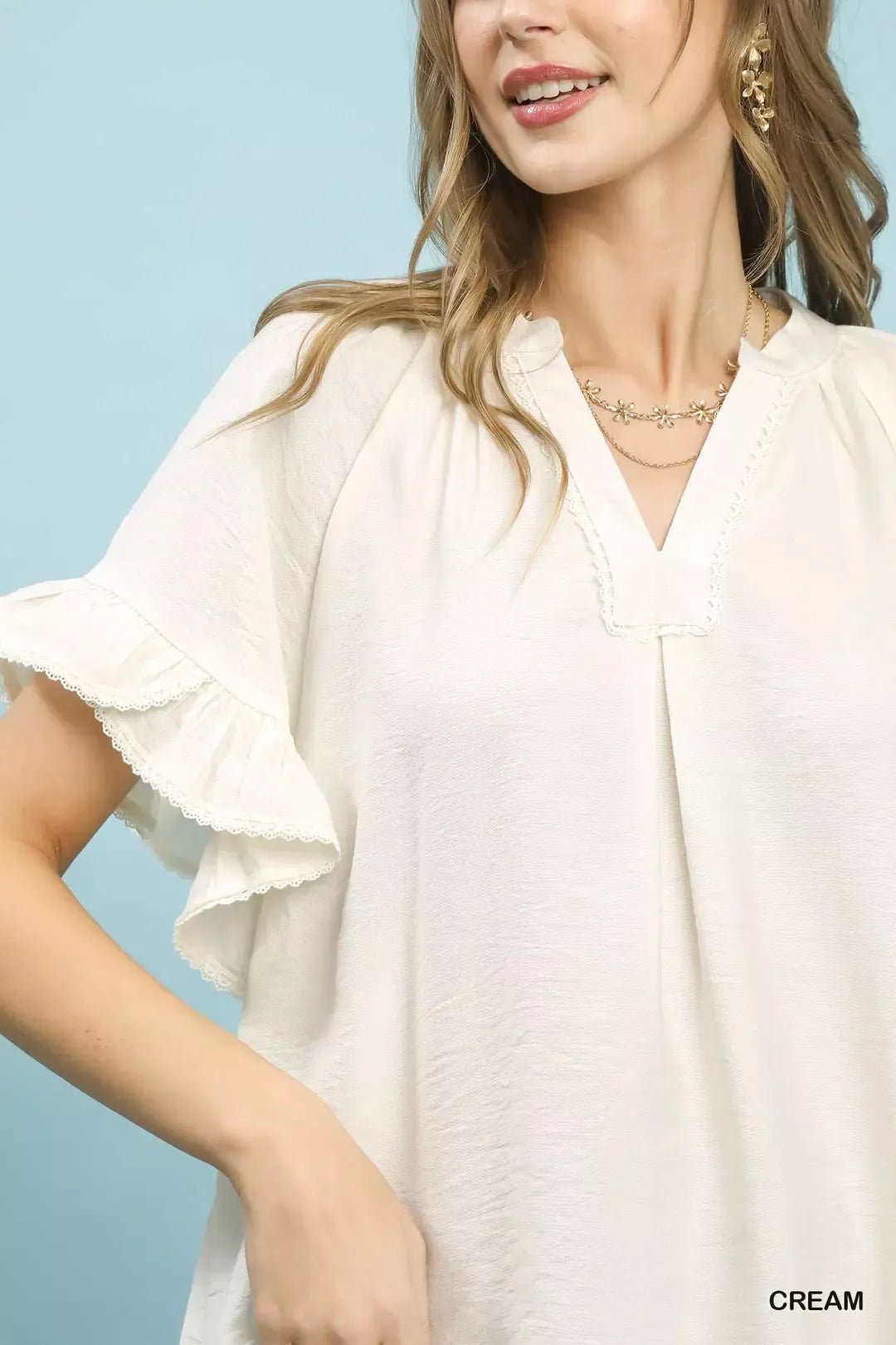 Umgee Ruffle Sleeve V - Neck Flutter Blouse - Bitsy Gypsy Boutique