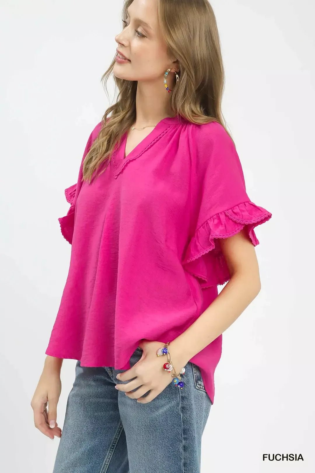 Umgee Ruffle Sleeve V - Neck Flutter Blouse - Bitsy Gypsy Boutique