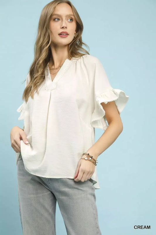 Umgee Ruffle Sleeve V - Neck Flutter Blouse - Bitsy Gypsy Boutique