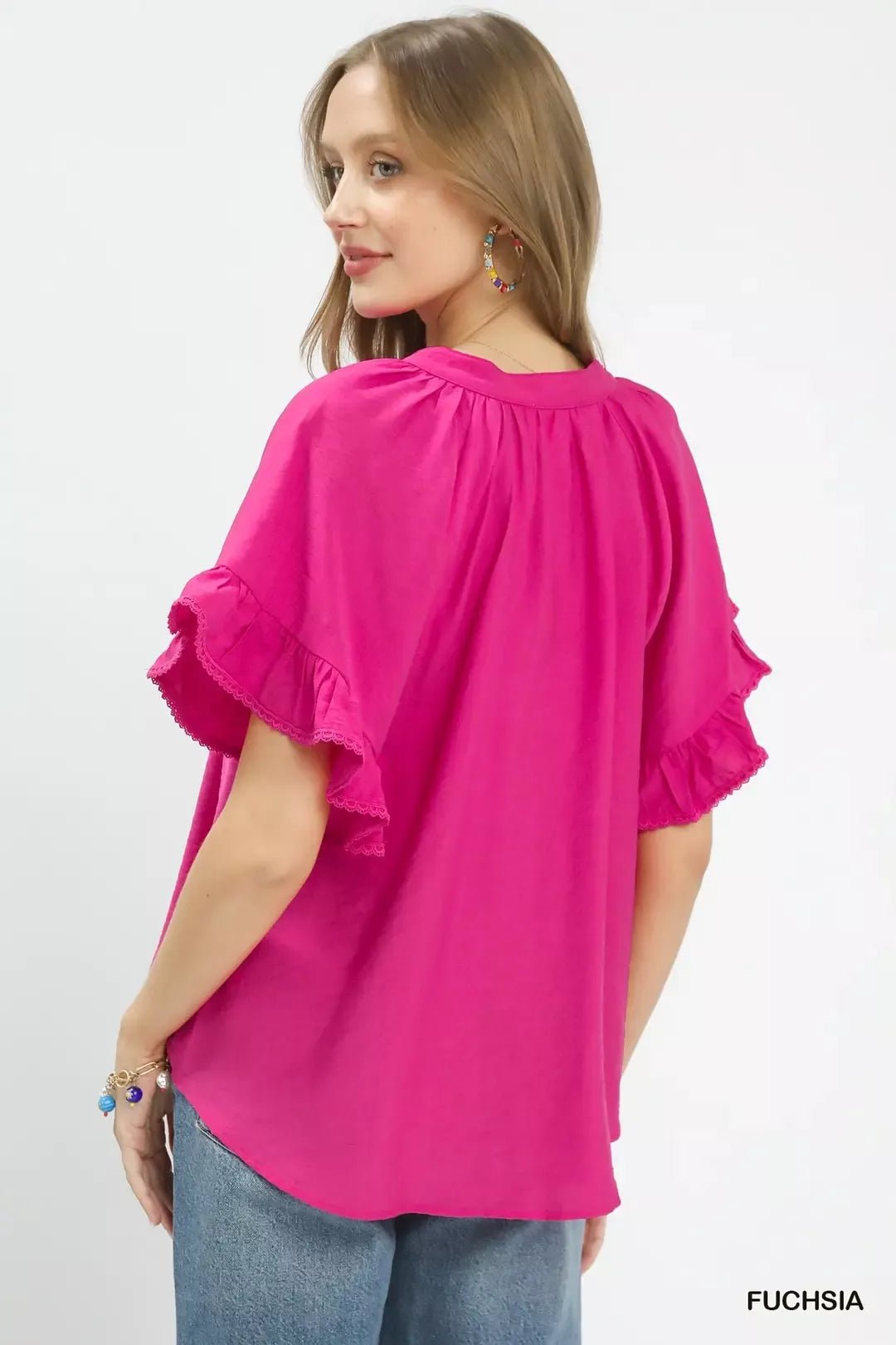 Umgee Ruffle Sleeve V - Neck Flutter Blouse - Bitsy Gypsy Boutique