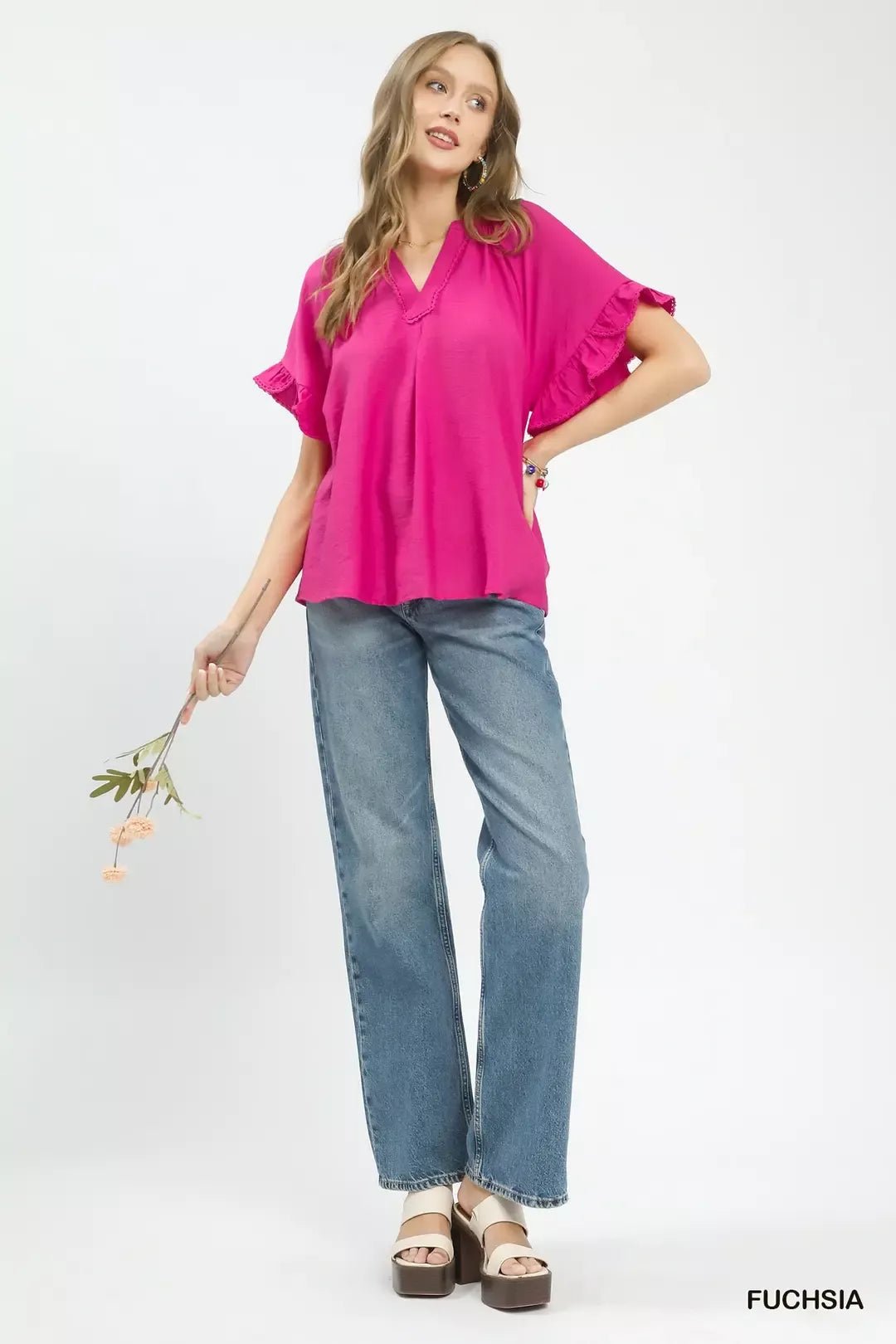 Umgee Ruffle Sleeve V - Neck Flutter Blouse - Bitsy Gypsy Boutique