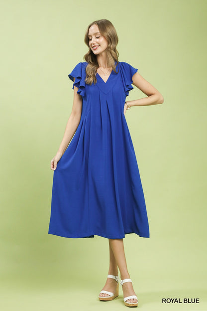 Umgee Ruffle Sleeve V - Neck Midi Dress - Bitsy Gypsy Boutique